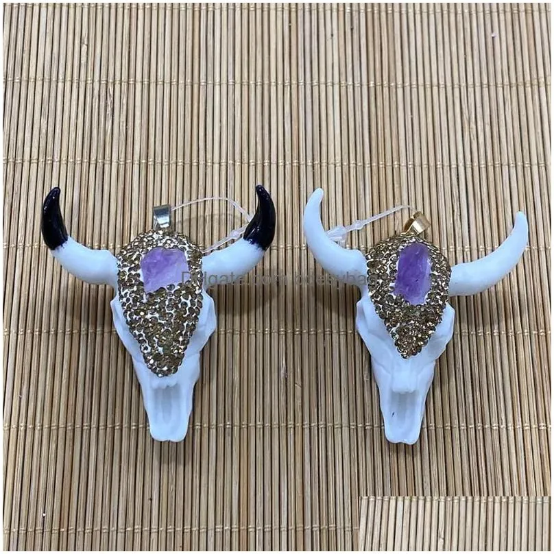 charms animal bull head shape resin stick diamond amethyst pendant for diy jewelry making necklace bracelet size 48x53mm