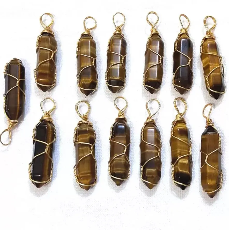 gold wire wrap natural stone charms tiger eye pillar bullet shape point chakra pendants for jewelry making wholesale handmade craft