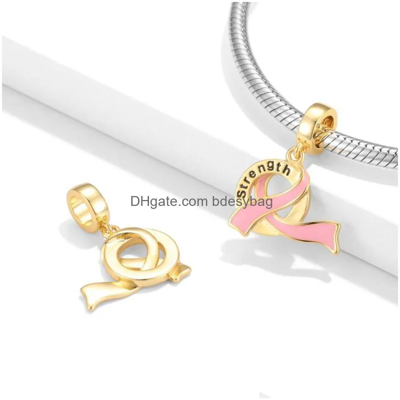 charms top quality pink ribbon lucky pendants beads symbol hope believe love golden fit original european bracelet diy jewelry