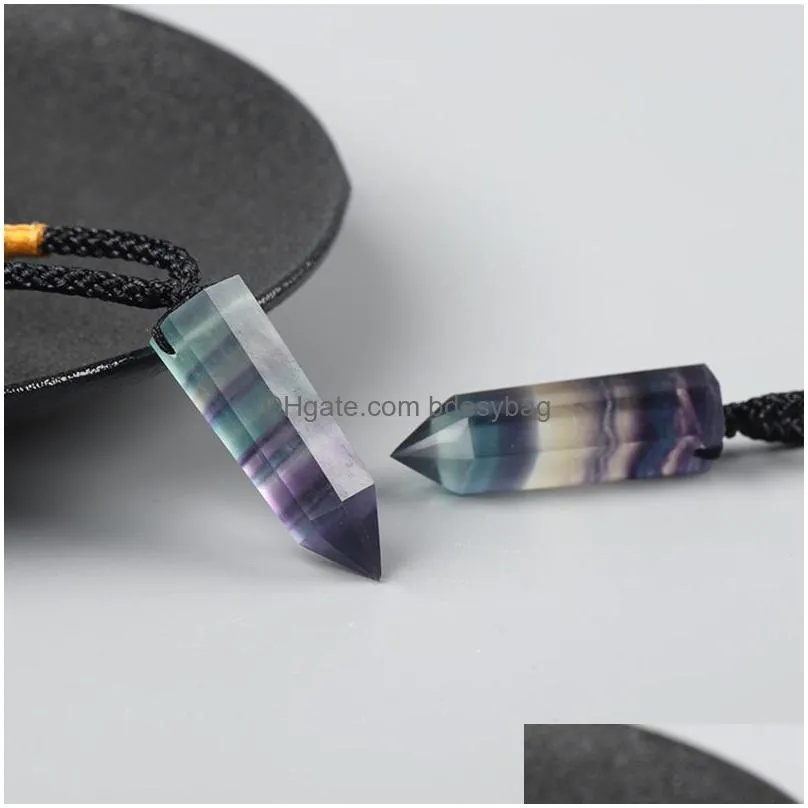 charms natural rainbow fluorite hexagonal prism pendant quartz crystal healing point chakra reiki necklacecharms