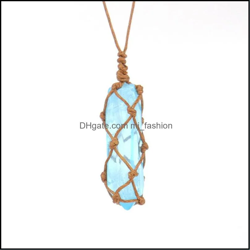 healing crystal column dyed natural stone pillar pendant weave net bag charms green pink crystal rope chain necklaces mjfashion