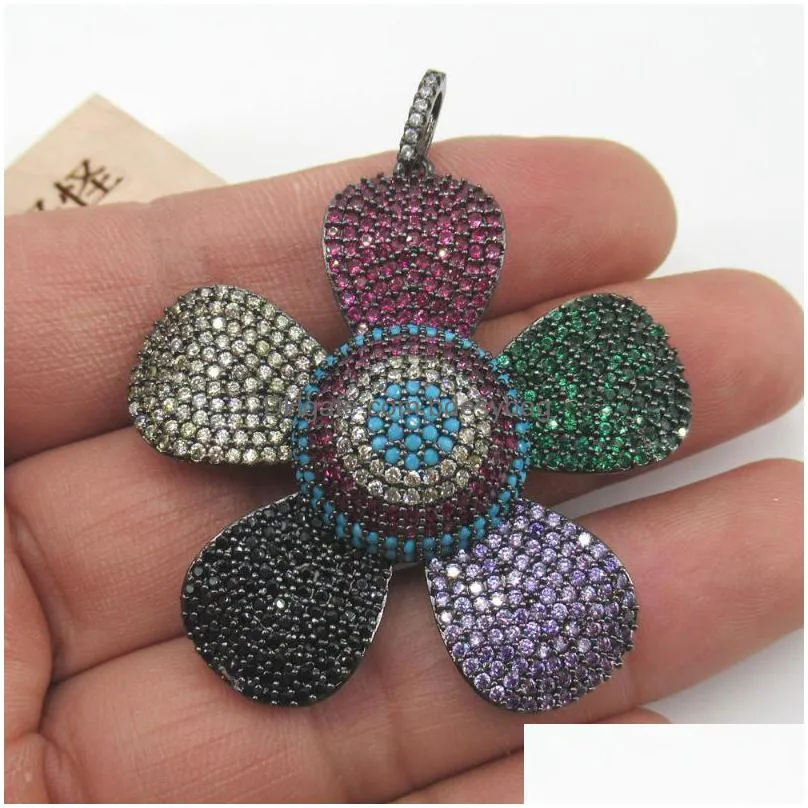 charms 48x48mm colorful flower gold plated cubic zircon cz paved connector necklace pendant jewelry diy findingscharms