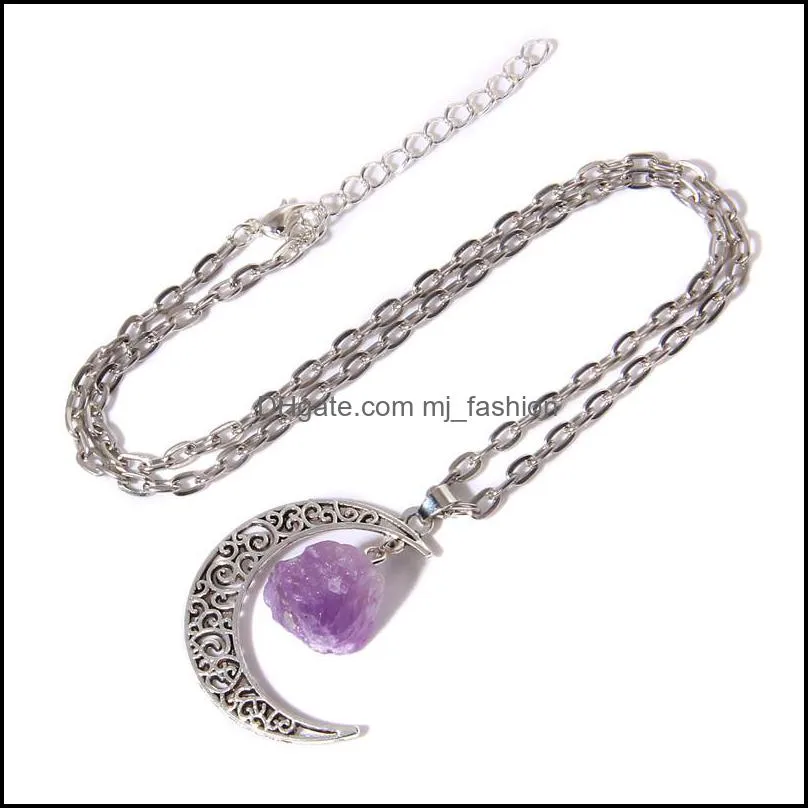 natural crystal reiki raw stone retro moon pendant necklace geometric faith healing quartz chain necklaces jewelry party gif mjfashion