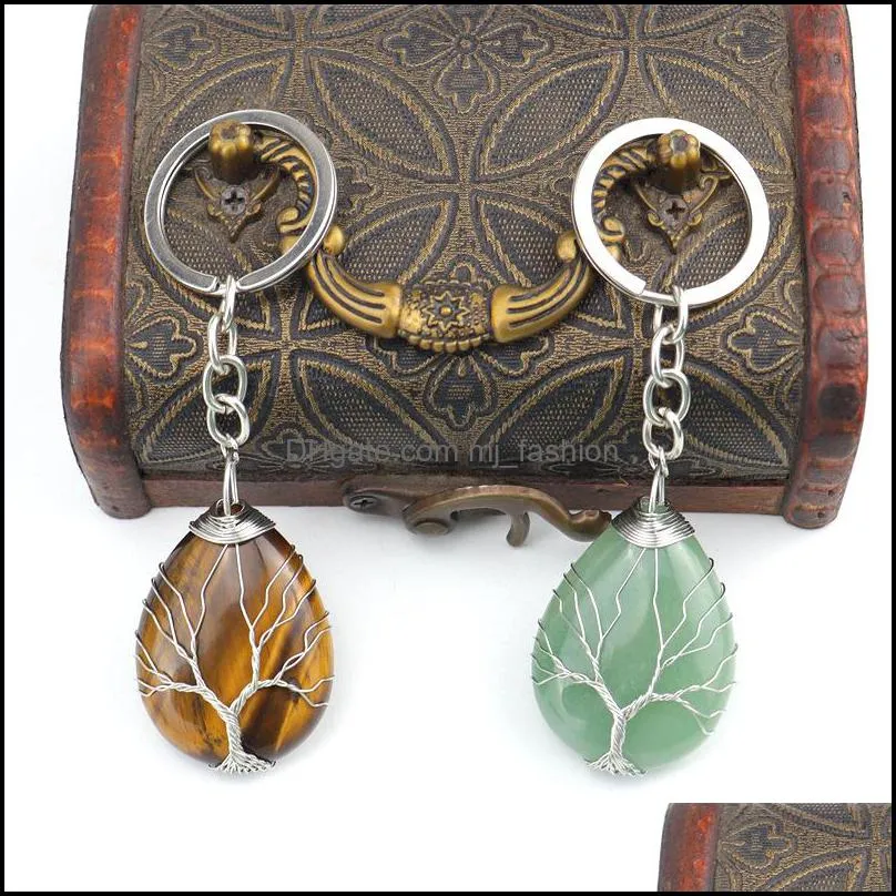 handmade tree of life key rings waterdrop natural stone healing crystal quartz keychain keys chain key rin mjfashion