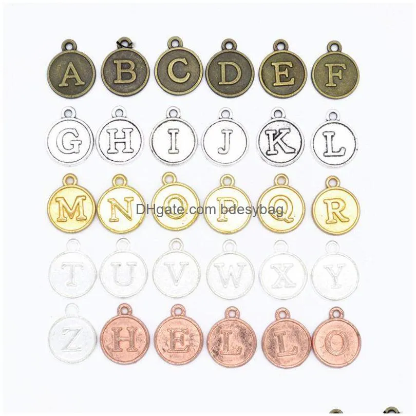 charms retro alloy round shape 26 english letters alphabet slide capital charm pendant diy bracelet jewelry making gift 55kacharms
