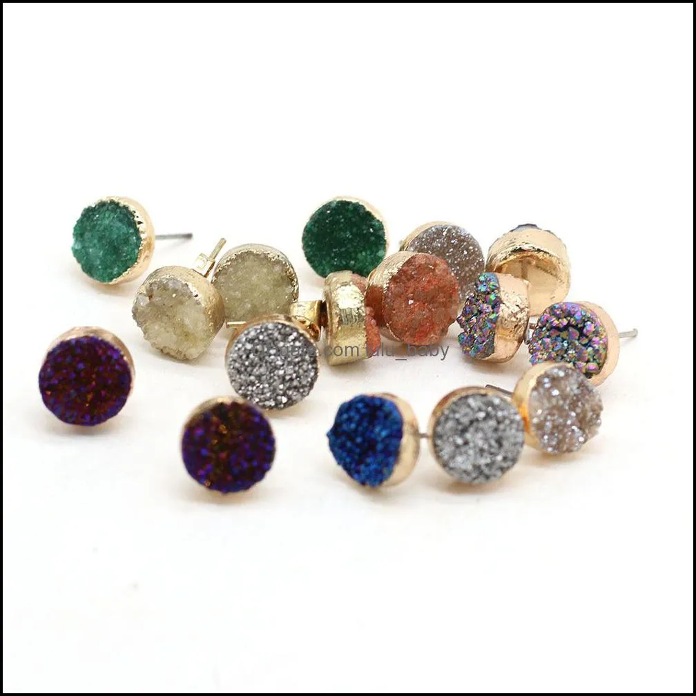 12mm natural stone color plated stud druzy drusy quartz crystal stones gold studs earrings jewelry for wome lulubaby