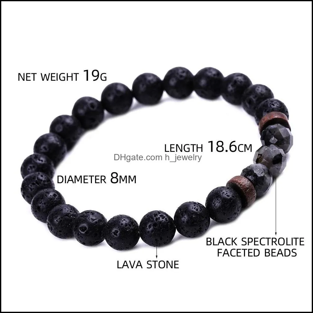 men bracelet faceted natural stone wooden beaded 8mm tiger eye spectrolite buddha lava beads bracelets women jewelry gift