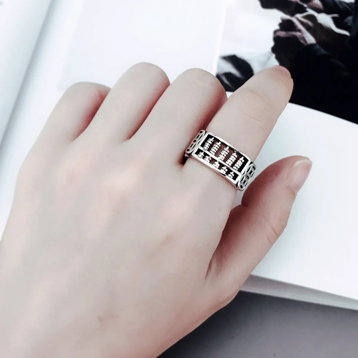 Chinese Style Ruyi Amass Fortune Abacus Ring Personality Sempoa Cincin Retro Finger Ring Birthday Gift
