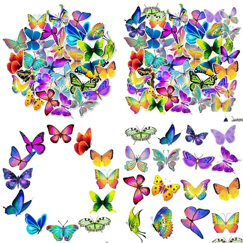 50pcs colorful butterfly stickers nonrandom for car bike luggage sticker laptop skateboard motor water bottle snowboard wall decals kids