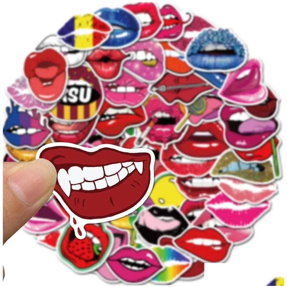 pack of 50pcs wholesale sexy girls red lip stickers colorful tooth lip adult decal laptop skateboard motor bottle car decal bulk lots
