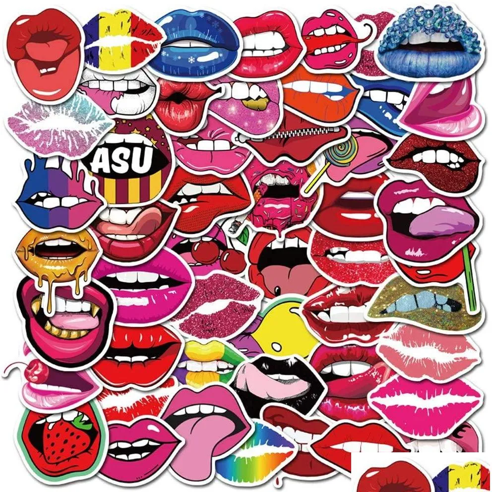 pack of 50pcs wholesale sexy girls red lip stickers colorful tooth lip adult decal laptop skateboard motor bottle car decal bulk lots