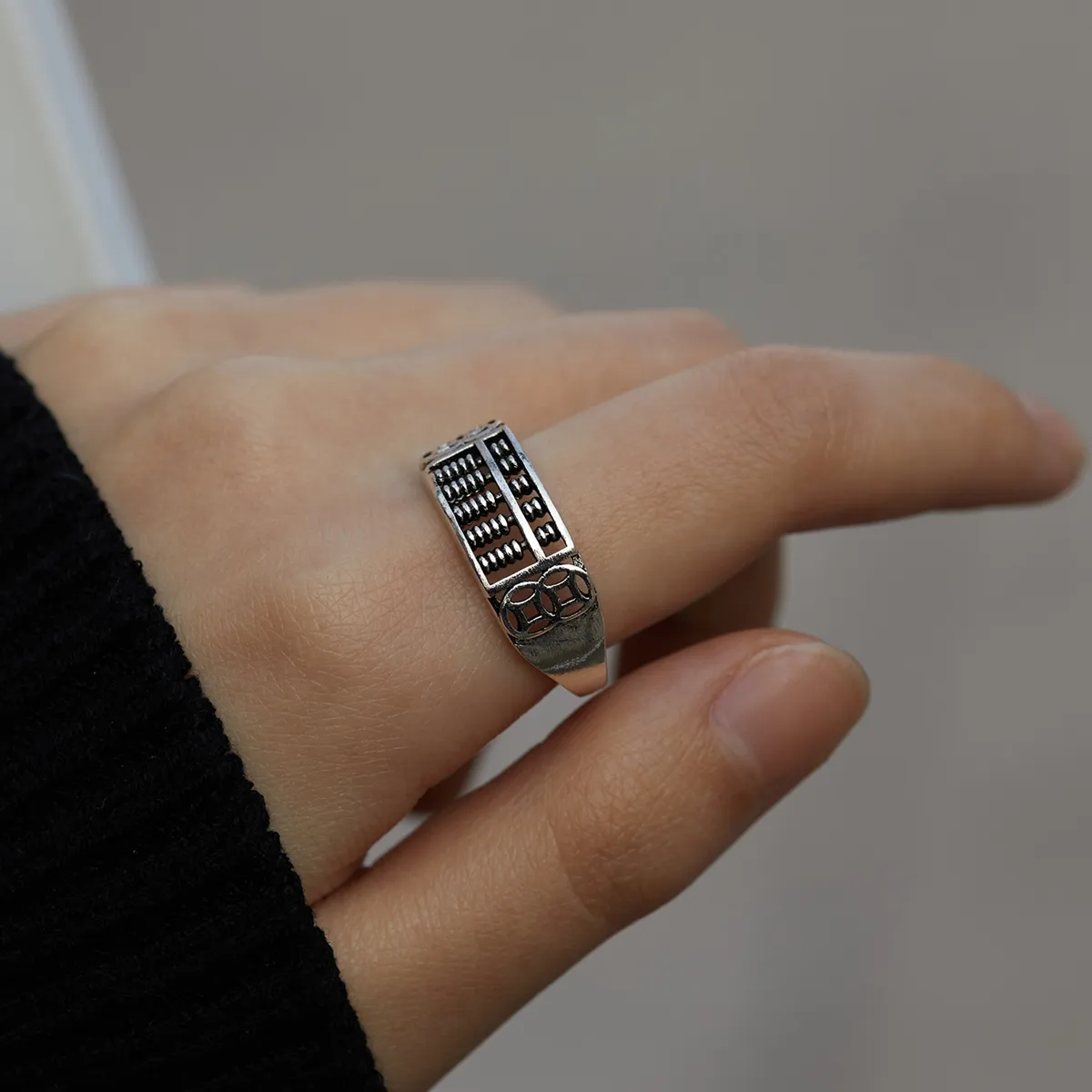 Chinese Style Ruyi Amass Fortune Abacus Ring Personality Sempoa Cincin Retro Finger Ring Birthday Gift