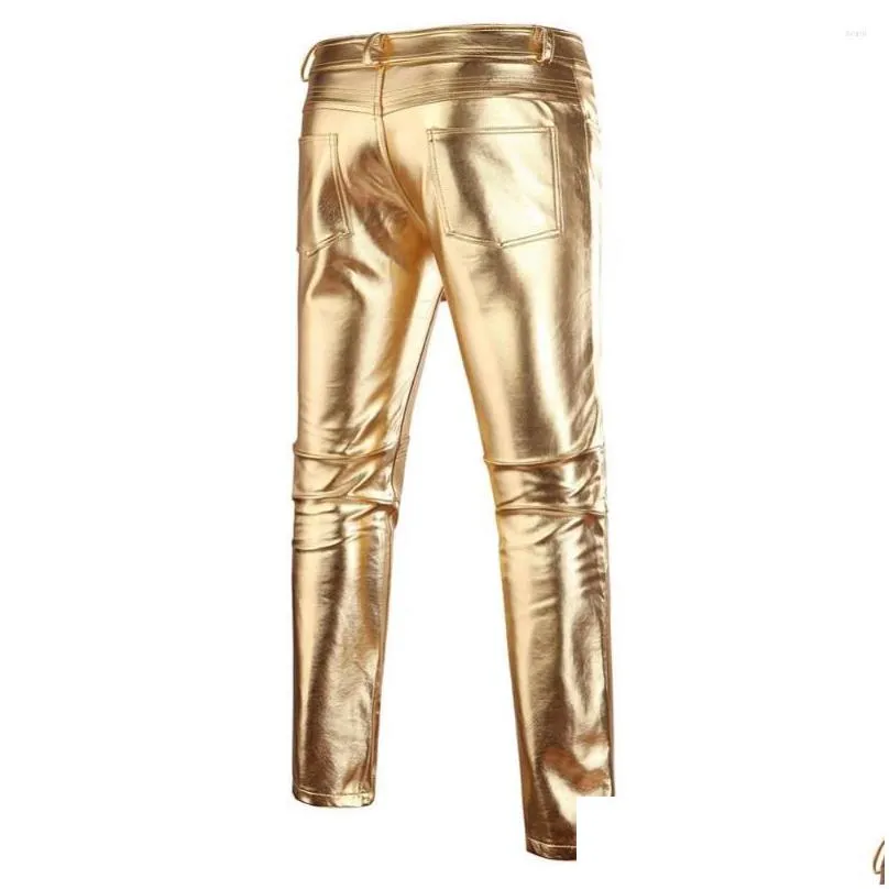 mens pants black casual trouser men trousers mens skinny shiny gold silver pu leather motorcycle nightclub stage for singers dancers