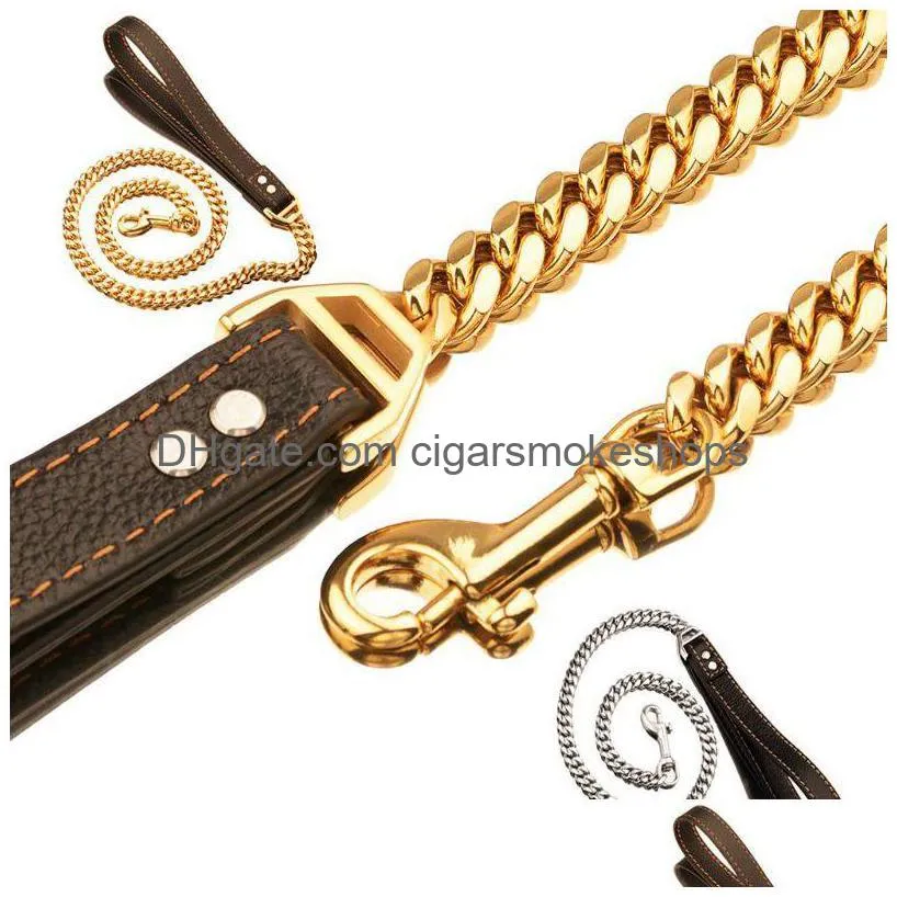 golden silver stainless steel chain with black leather dog leash cool training pet supplies 1020