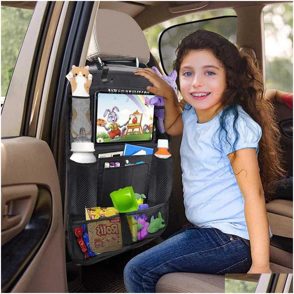 back seat 2pcs car organizer 9 storage pockets with touch screen tablet holder protector for kids children accessories