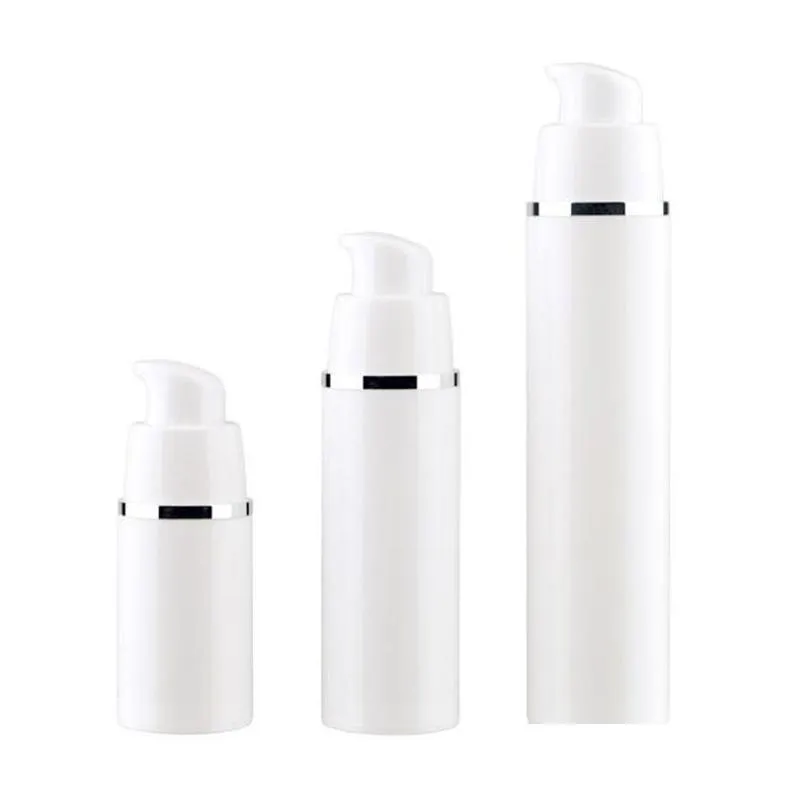 empty 15ml 30ml 50ml pp airless bottles white airless vacuum pump lotion bottle with silver line cosmetic packagings