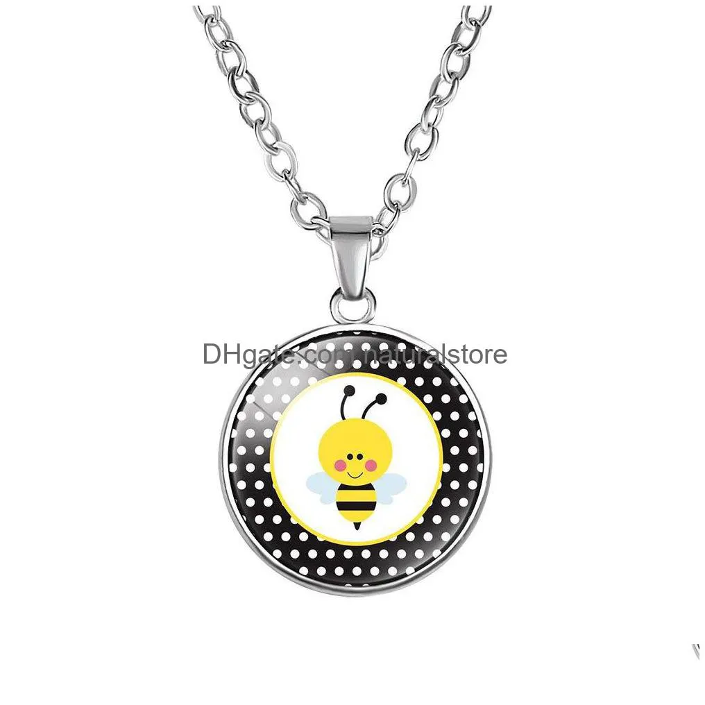 lovely cartoon bee kids necklaces cute animal glass cabochon round pendant silver chains for boys girls children fashion jewelry