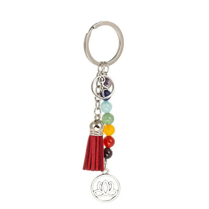 colorful chakra stone tassel keychain pendant lotus reiki healing yoga natural gemstone beaded keychain creative keyring gift