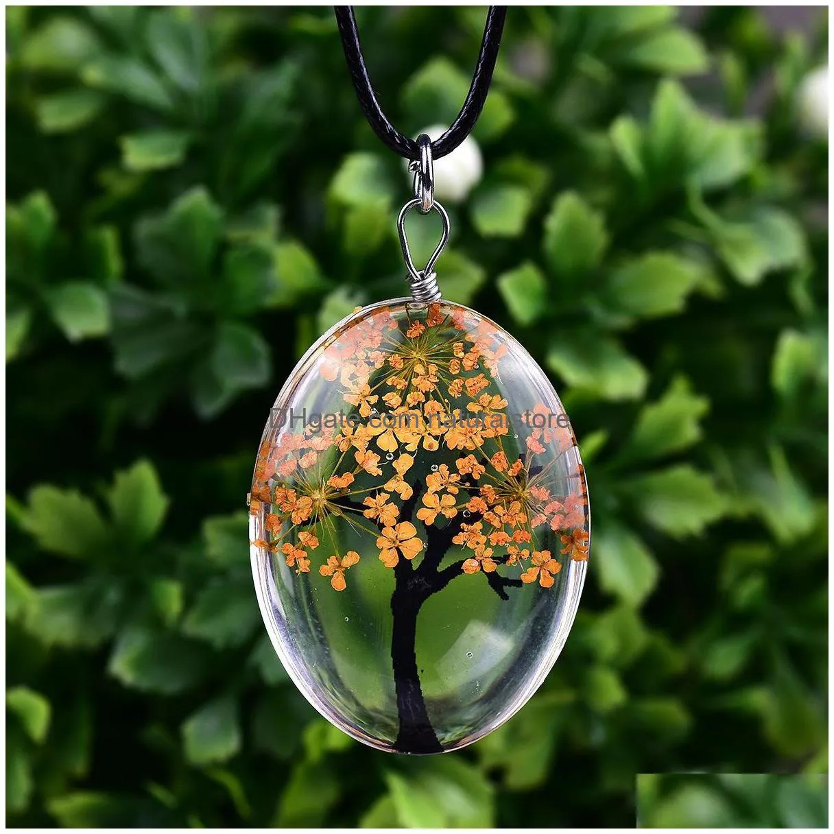 fashion dried flower specimen necklaces oval glass cabochon tree of life pendant leather wax rope chains for women diy jewelry gift