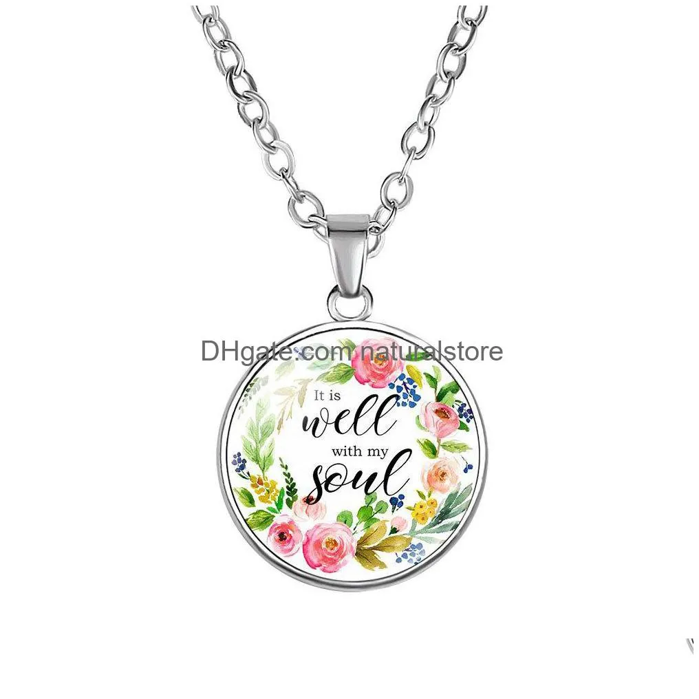 new religion bible scripture necklace for women christians verses letter flower glass cabochon pendant chains faith jewelry gift