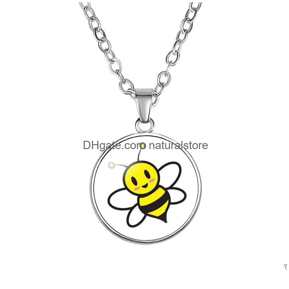 lovely cartoon bee kids necklaces cute animal glass cabochon round pendant silver chains for boys girls children fashion jewelry