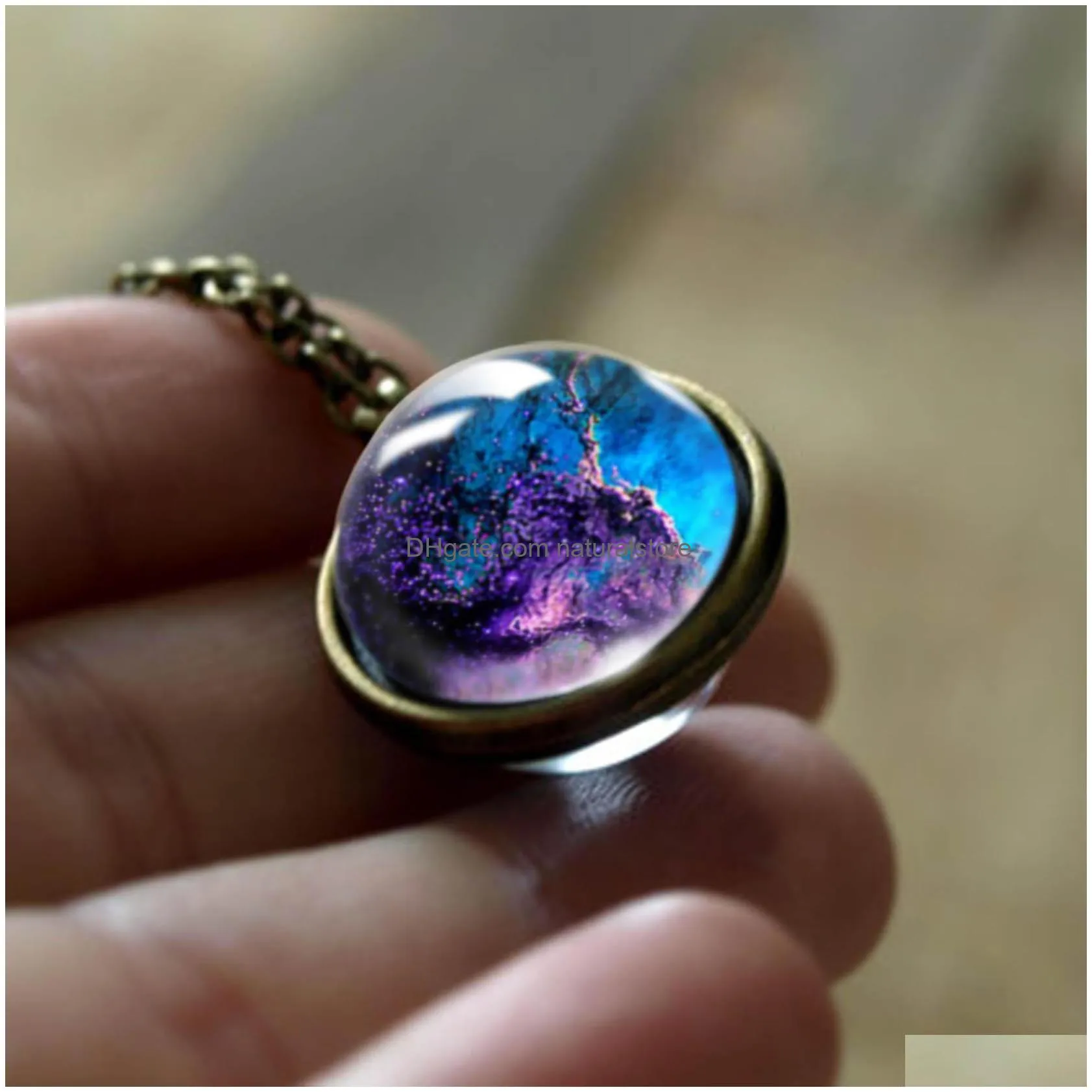  nebula galaxy necklaces for wome men double sided rotatable galss universe planet art picture pendant chains fashion jewelry