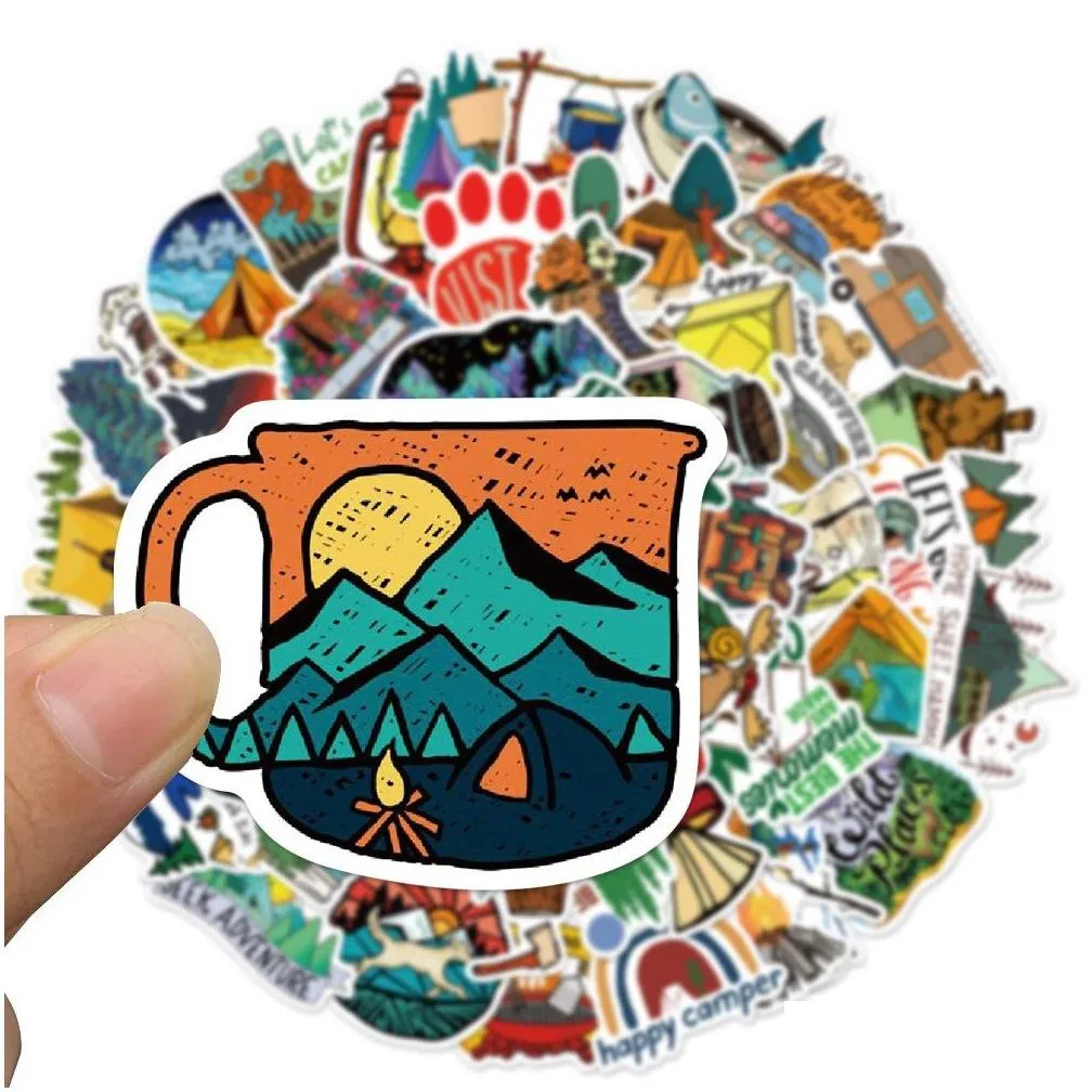 waterproof sticker 50 pcs cool camping stickers outdoor adventure nature hiking aesthetic vinyl backpack bottle phone case diy waterproof decals car