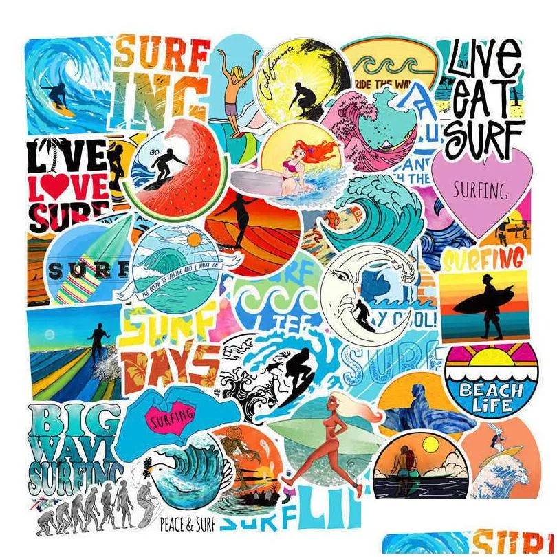 surfing 50pcs lot summer beach stickers laptop skateboard guitar luggage case car motorcycle bike graffiti stickers waterproof pvc