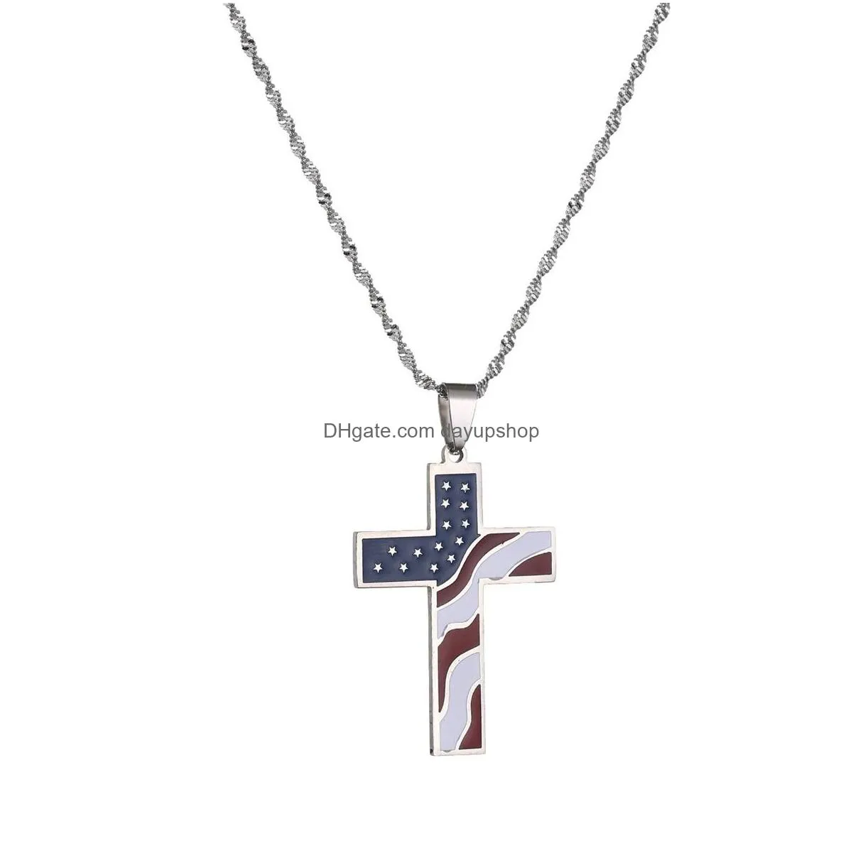 american usa flag cross pendant necklace stars stripes enamel jesus religion christian necklace jewelry