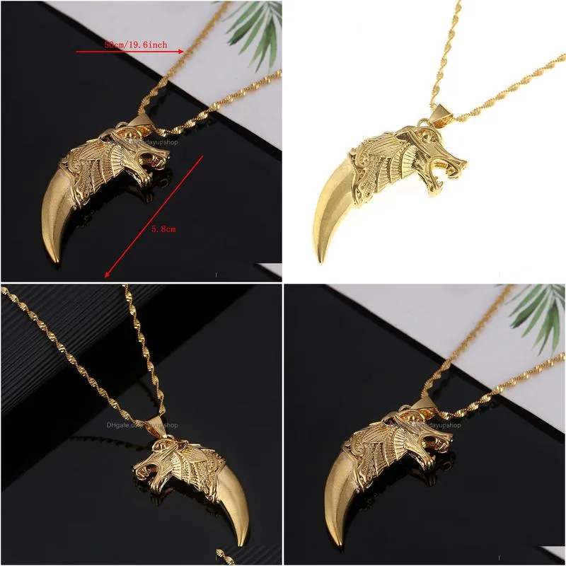 18k real gold plated necklace retro dragon wolf teeth pendant necklace animal pendant necklace