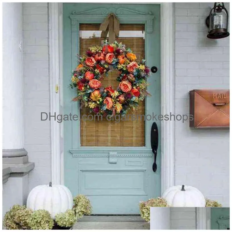 decorative flowers wreaths fall peony and pumpkin wreath for front door home farmhouse decor festival celebration thanksgiving wreath decor