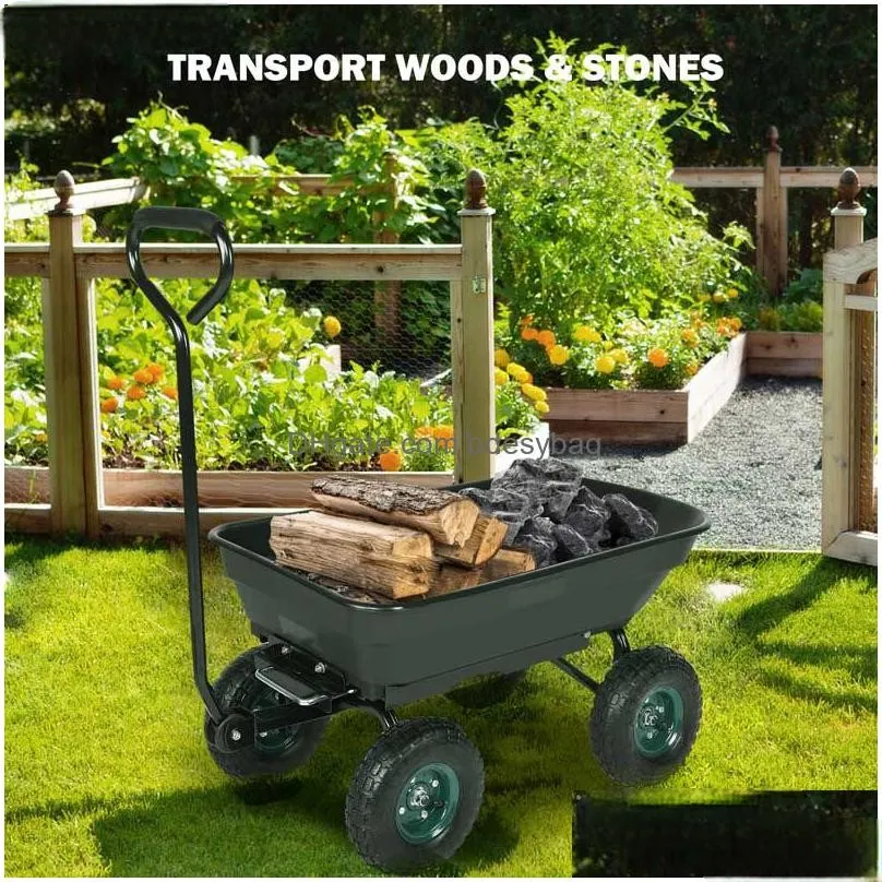 garden supplies 4 wheel dump cart heavy duty outdoor wagon with 9 pneumatic rubber tires convenient tool car capacity 660lbs