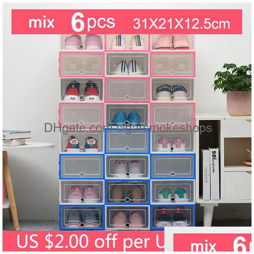 6pc transparent storage boxes thickened dustproof shoes organizer box can be superimposed combination shoe cabinet q1130