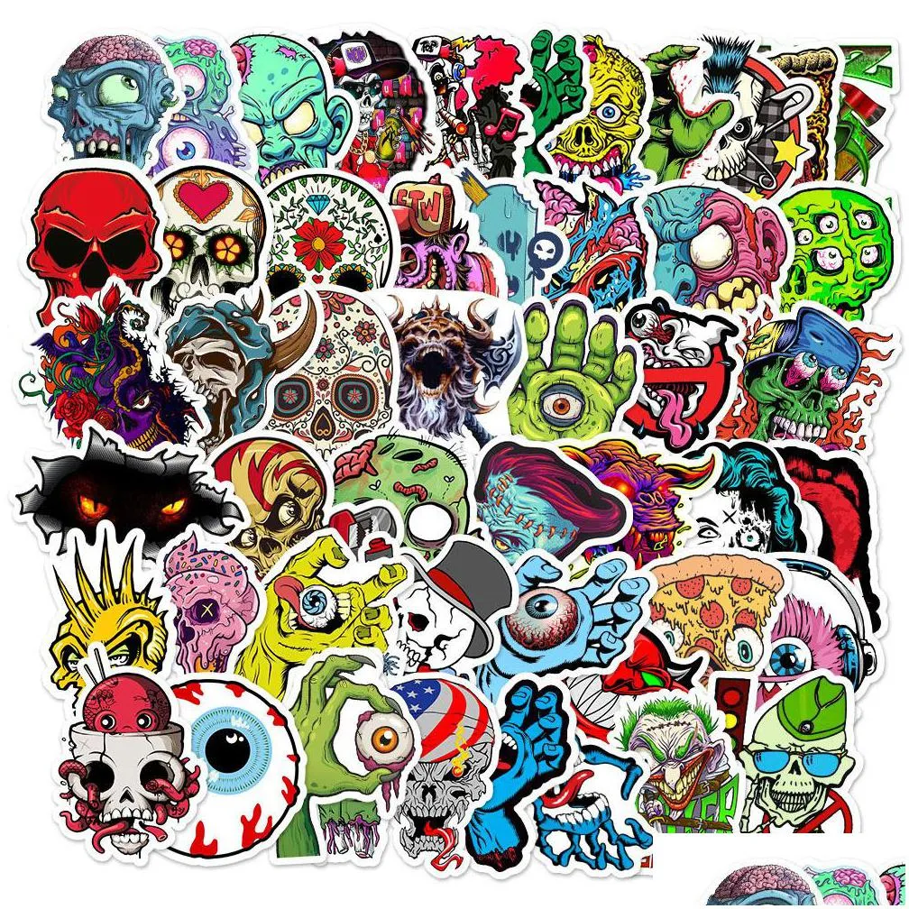 waterproof sticker 50 pcs horror stickers for laptop guitar helmet luggage skateboard car viny graffiti punk terror skull series decal sticker bomb car