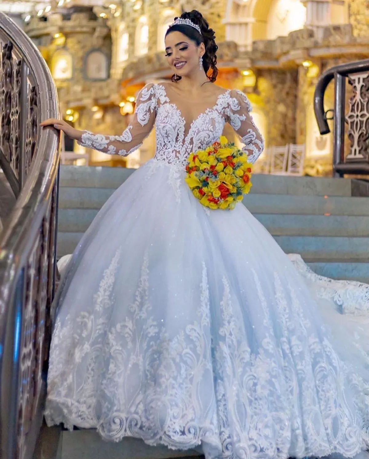 Glamorous Ball Gown Wedding Dresses V-neck Lace Applicants Transparent Sleeves Decorative Border Chapel Gown Sequins Custom Made Bridal Gown Vestidos De Novia