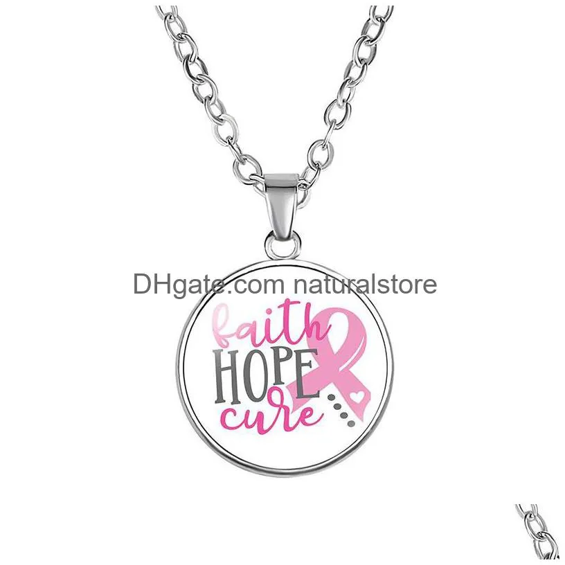 breast cancer awareness pink ribbon necklaces for women glass faith hope cure believe letter pendant chains fashion jewelry in bulk