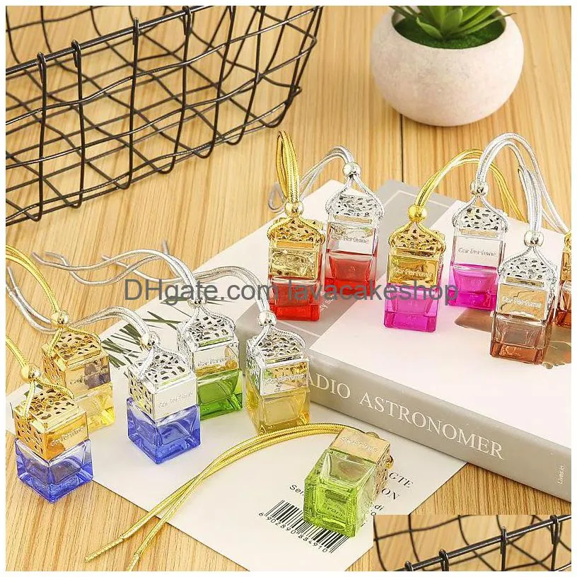 cube hollow car perfume bottle rearview ornament hanging air freshener for essential oils diffuser fragrance empty glass bottle