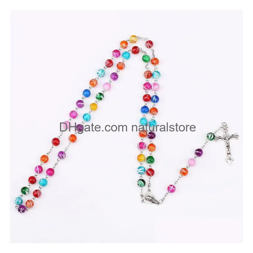 new religious catholic rainbow rosary long necklaces jesus cross pendant 8mm bead chains for women men s fashion christian jewelry