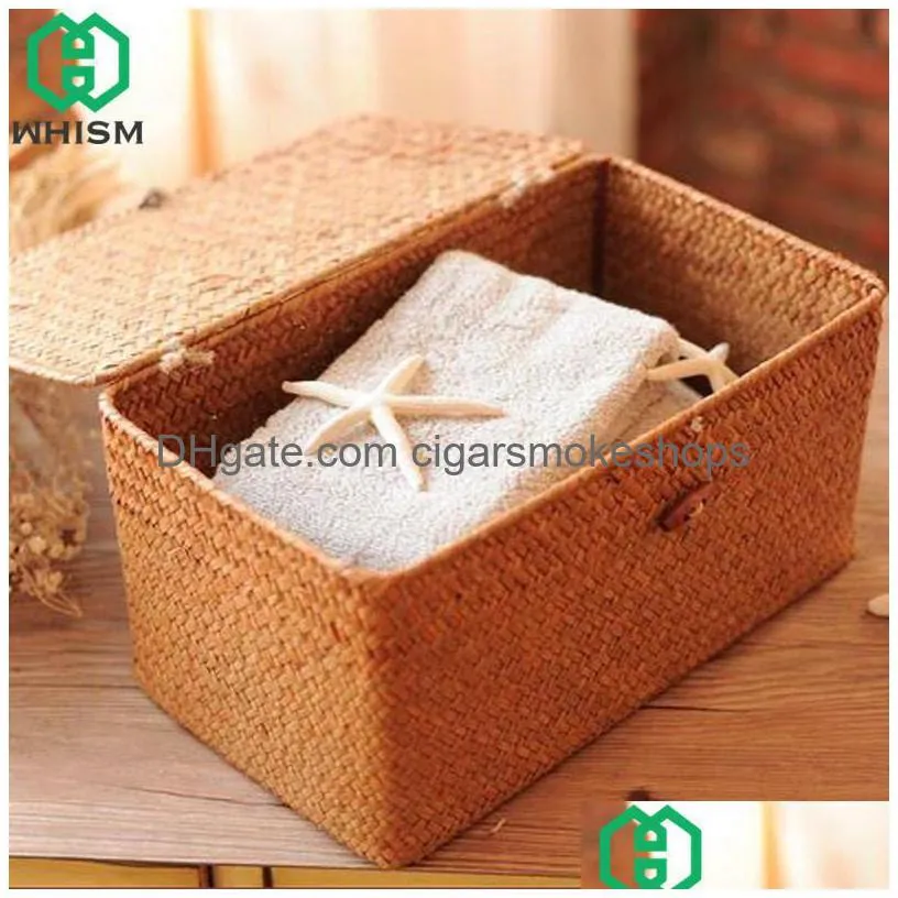 whism handmade woven with lid rattan basket jewelry box food container makeup organizer toys storage boxes q1130