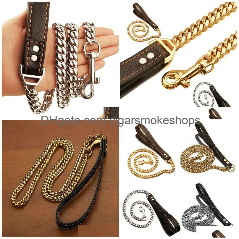 golden silver stainless steel chain with black leather dog leash cool training pet supplies 1020