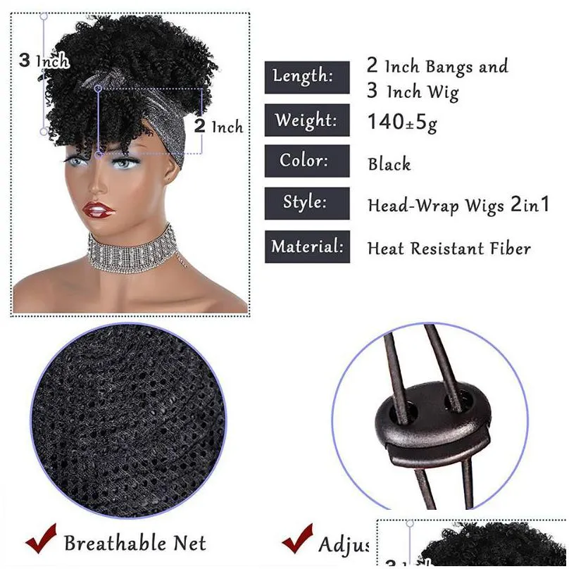 synthetic wigs vigorous headband short black kinky curly wig with bangs afro puff for women silver turban head wrap