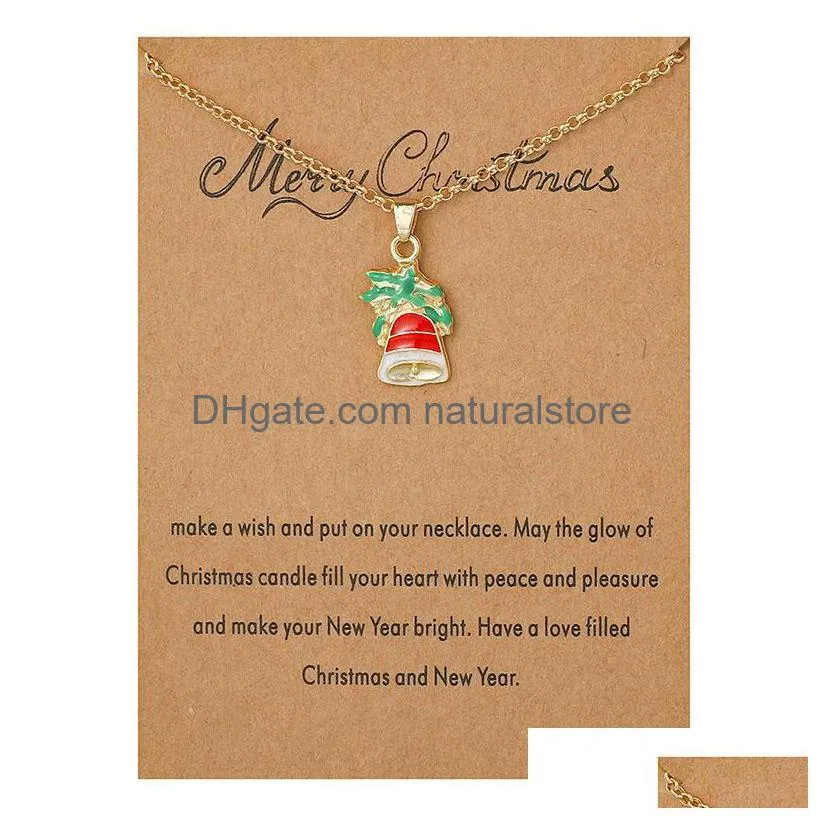 2020 merry christmas necklace with gift card santa claus tree sock snowman pendant gold chains for women girls party jewelry