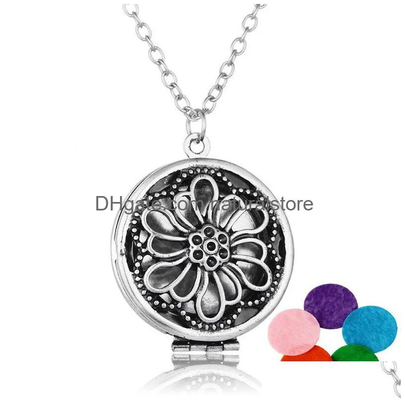 new  oil diffuser necklaces hollow flowers open locket pendant long chains for women aromatherapy fashion jewelry gift