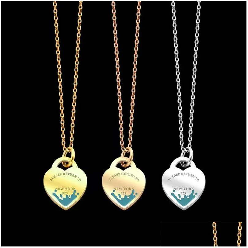 t letter green enamel peach heart pendant necklace brand classic designer necklaces for women fashion couple wedding necklaces stainless steel jewelry