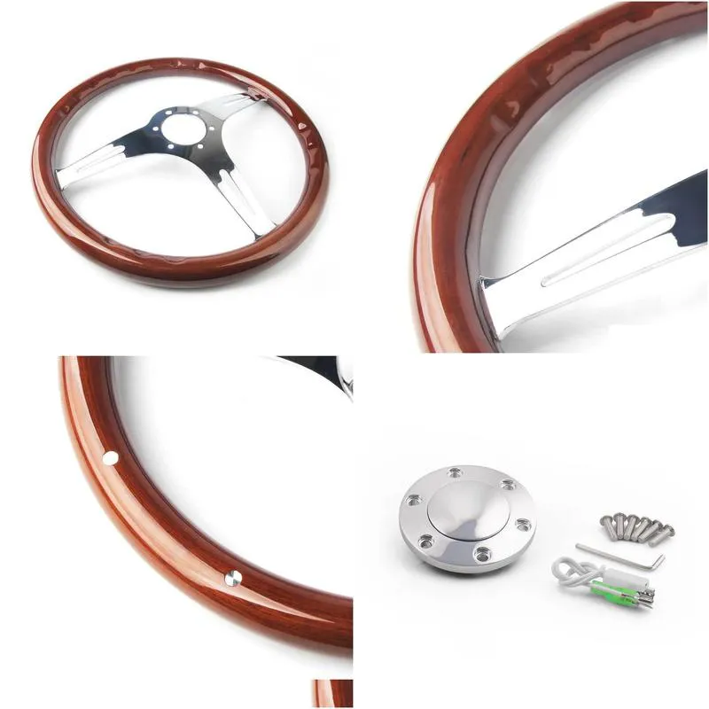 racing car 380mm 15 classic wooden steering wheel chrome silver spoke vintage classic wood grain steering wheel car