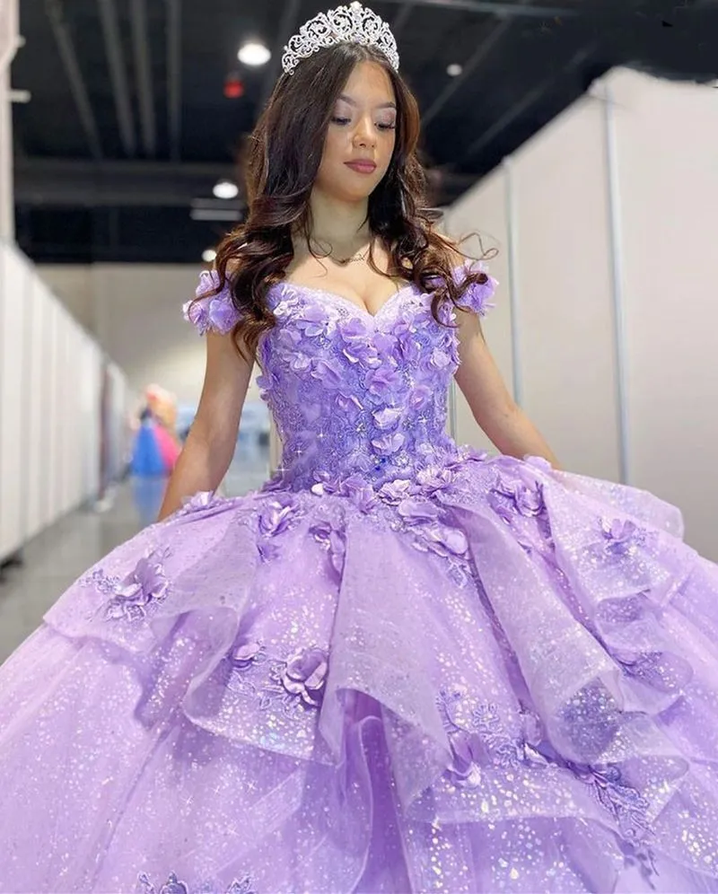 Beautiful 3D Flowers Purple Ball Gown Quinceanera Dresses Off The Shoulder Puffy Sequined Tiers Princess Formal Occasion Prom Gowns Plus Size Sweet 16 Dress CL1896