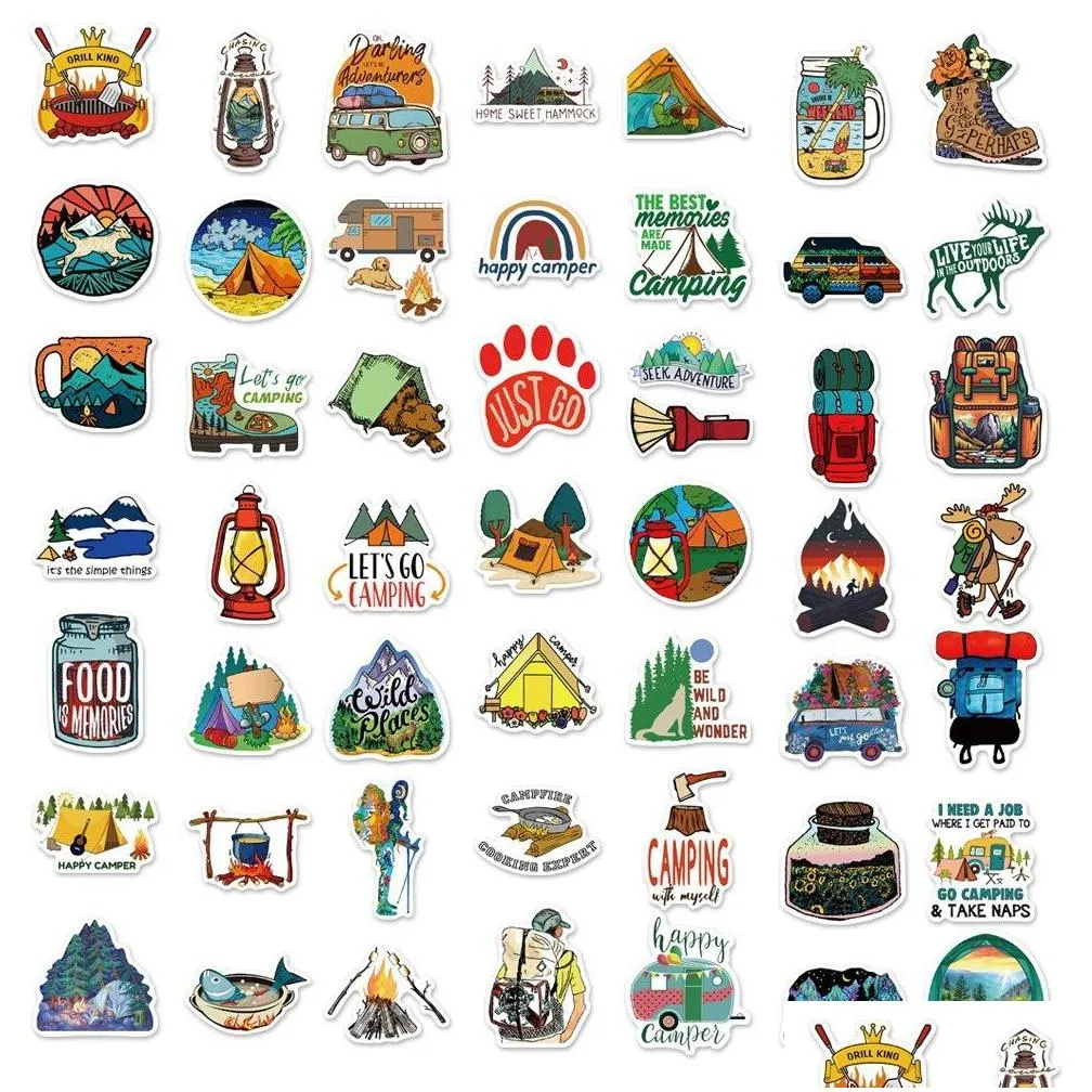 waterproof sticker 50 pcs cool camping stickers outdoor adventure nature hiking aesthetic vinyl backpack bottle phone case diy waterproof decals car