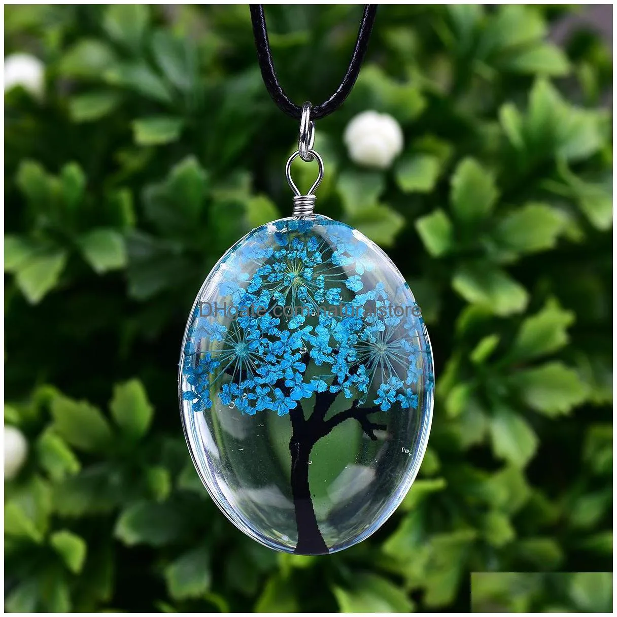 fashion dried flower specimen necklaces oval glass cabochon tree of life pendant leather wax rope chains for women diy jewelry gift