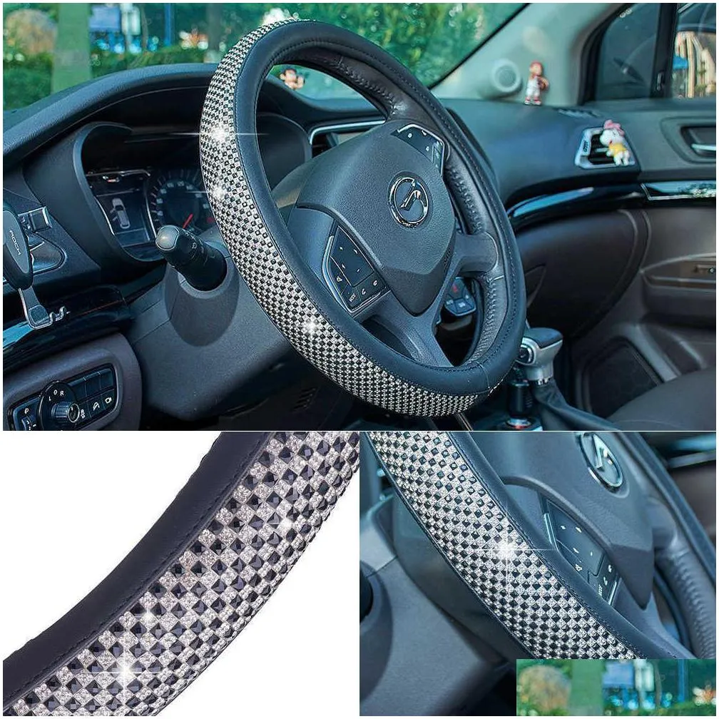 luxury 3d square diamond steering wheel cover fit 37.538cm ultra bling crystal car van decor covers auto styling