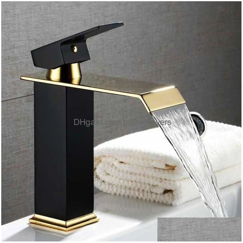basin faucet gold and black waterfall brass bathroom mixer tap cold sink faucet 220713